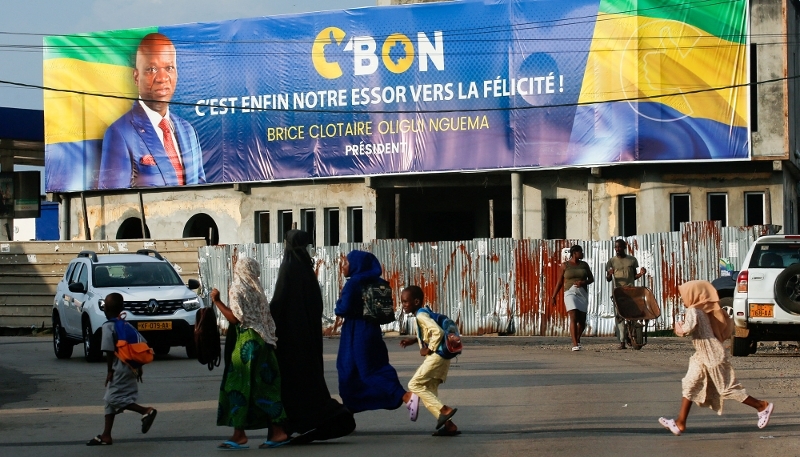 Campaign poster for Brice Clotaire Oligui Nguema, in Libreville, 7 April 2025.