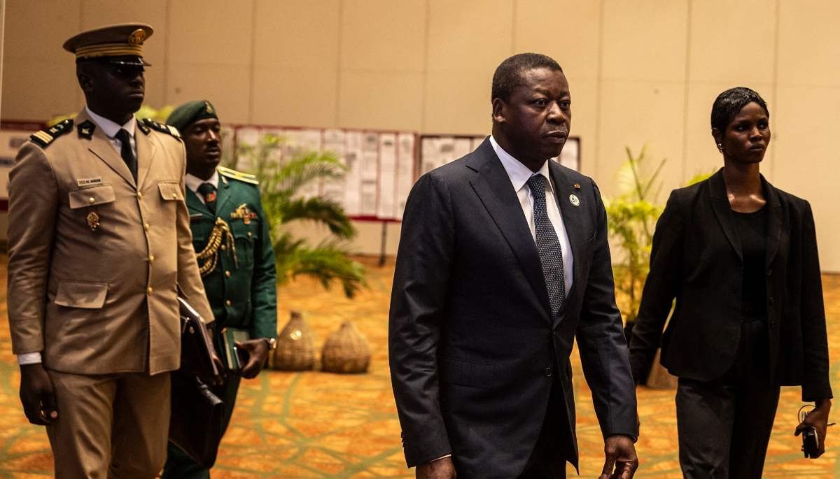 Togolese President Faure Gnassingbé (centre) in Lagos, Nigeria, 28 May 2025.