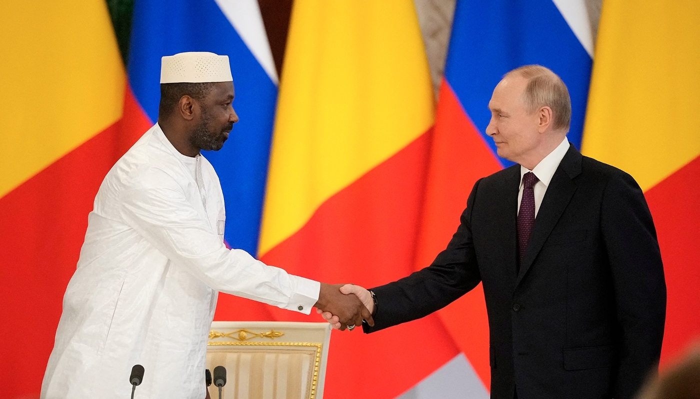 The Malian President, General Assimi Goïta, and the Russian President, Vladimir Putin, in Moscow on 23 June 2025.