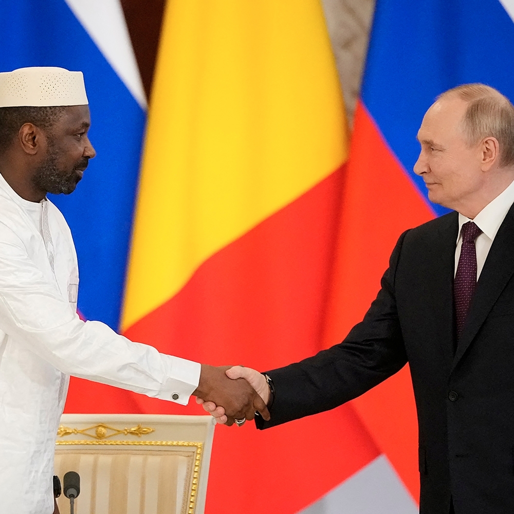 The Malian President, General Assimi Goïta, and the Russian President, Vladimir Putin, in Moscow on 23 June 2025.