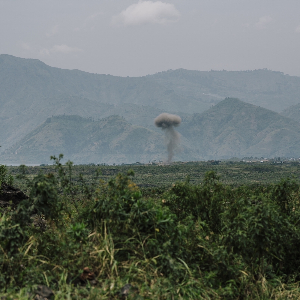 A projectile detonates outside the city of Goma in February 2025.