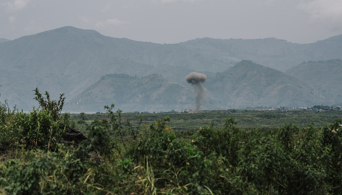 A projectile detonates outside the city of Goma in February 2025.