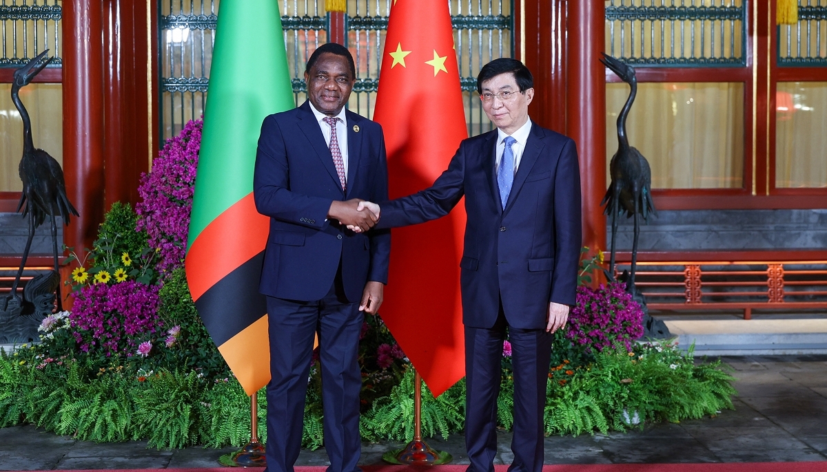 Zambian President Hakainde Hichilema and Wang Huning, chairman of the Chinese People's Political Consultative Conference (CCPPC), at the Forum on China-Africa Cooperation (FOCAC) in Beijing, on 5 September 2024. 
