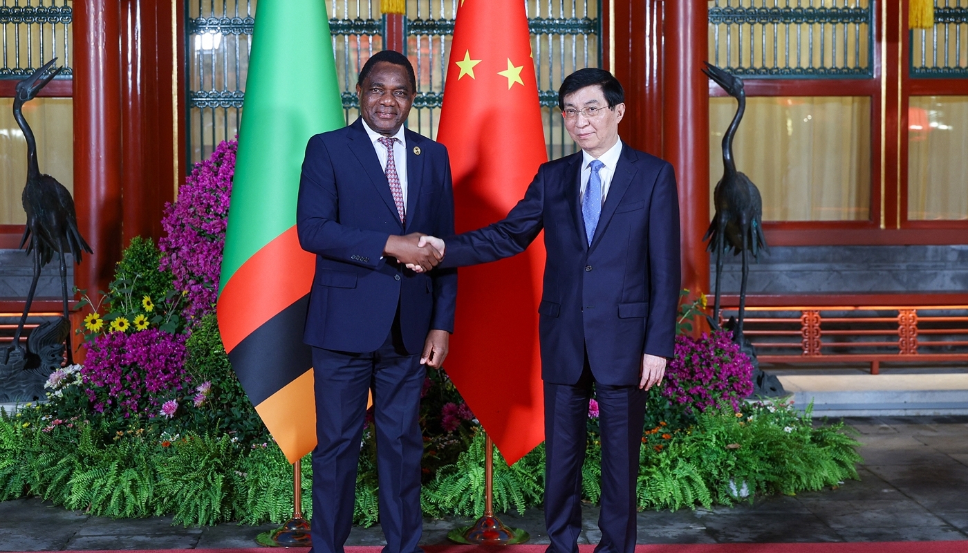 Zambian President Hakainde Hichilema and Wang Huning, chairman of the Chinese People's Political Consultative Conference (CCPPC), at the Forum on China-Africa Cooperation (FOCAC) in Beijing, on 5 September 2024.