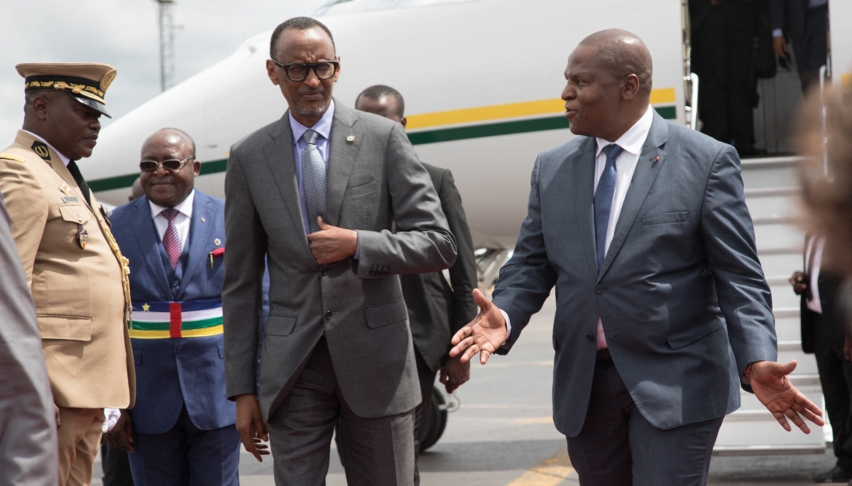 Rwandan President Paul Kagame (left) and his Central African counterpart, Faustin-Archange Touadéra, in Bangui in October 2019.