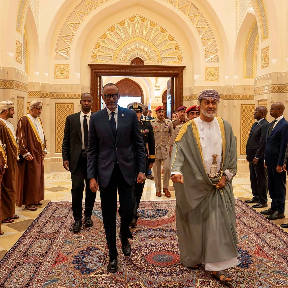 Rwandan President Paul Kagame (left) and Sultan of Oman Haitham bin Tariq in Muscat, on 8 September 2026.