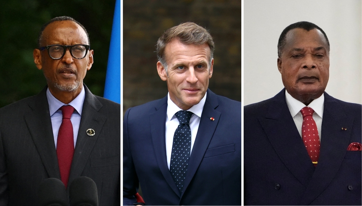 Rwandan President Paul Kagame and his French and Congolese counterparts, Emmanuel Macron and Denis Sassou-Nguesso.