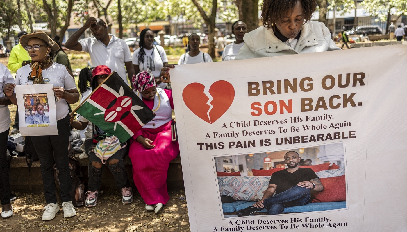 Families of Kenyans recruited into the Russian army call for their repatriation at a rally in Nairobi, 19 February 2026.