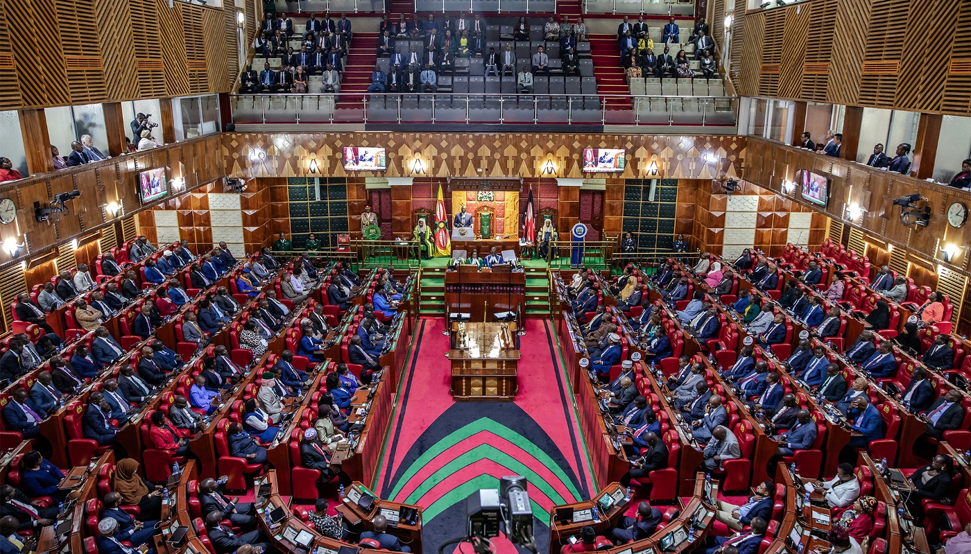 Speakers from the Kenyan National Assembly and the Kenyan Senate listen as Kenyan President William Ruto delivers the State of Nation address at the Kenyan Parliament in Nairobi on 9 November 2023.