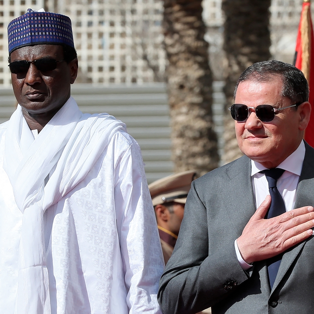 The Libyan prime minister of the Government of National Unity, Abdul Hamid Dbeibeh, and his Nigerien counterpart, Ali Lamine Zeine, in Tripoli on 15 June 2026.