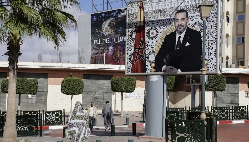 A portrait of Morocco's King Mohammed VI in Laayoune, the main city of Moroccan-controlled Western Sahara, on 7 November 2025.