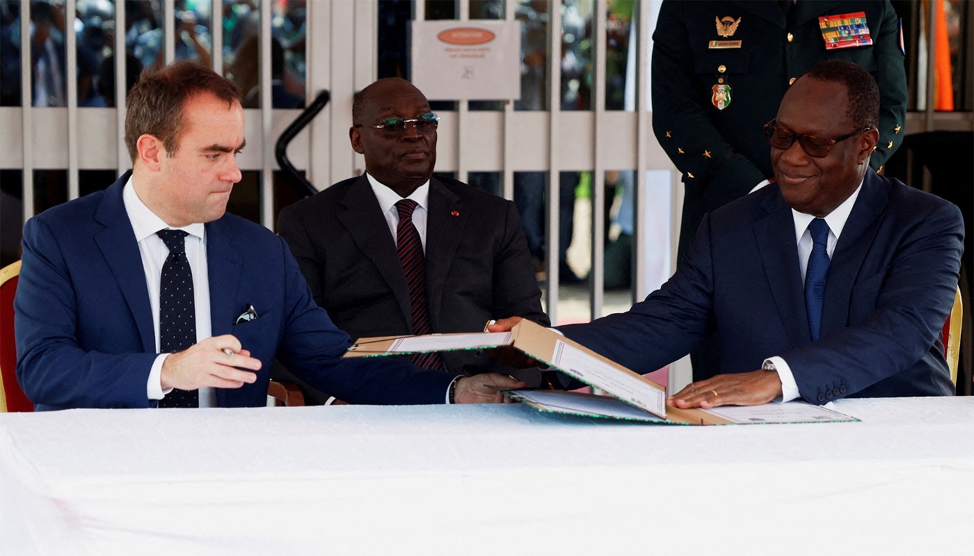 The new French PM (then Defence Minister) Sébastien Lecornu and Ivorian Defence Minister Téné Birahima Ouattara in Abidjan, 20 February 2025.