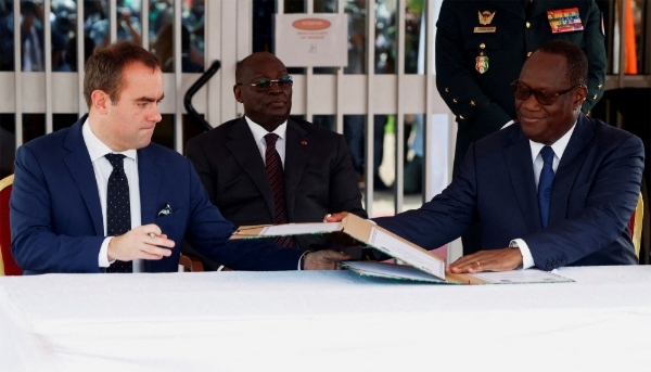 The new French PM (then Defence Minister) Sébastien Lecornu and Ivorian Defence Minister Téné Birahima Ouattara in Abidjan, 20 February 2025. 