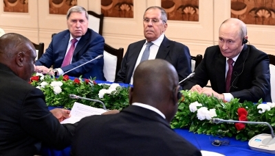 Russian President Vladimir Putin (right) alongside his foreign minister, Sergey Lavrov, during a meeting with South African President Cyril Ramaphosa on the fringes of the BRICS summit in New Delhi on 11 September 2026.
