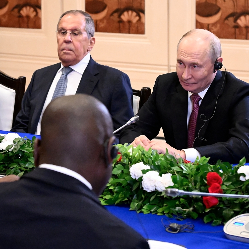Russian President Vladimir Putin (right) alongside his foreign minister, Sergey Lavrov, during a meeting with South African President Cyril Ramaphosa on the fringes of the BRICS summit in New Delhi on 11 September 2026.