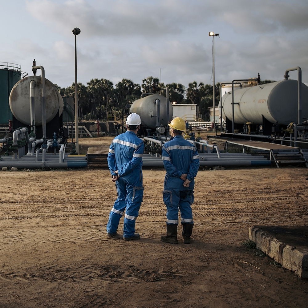 Managers and technicians from the oil company Perenco near Muanda, DRC, on 19 October 2021.