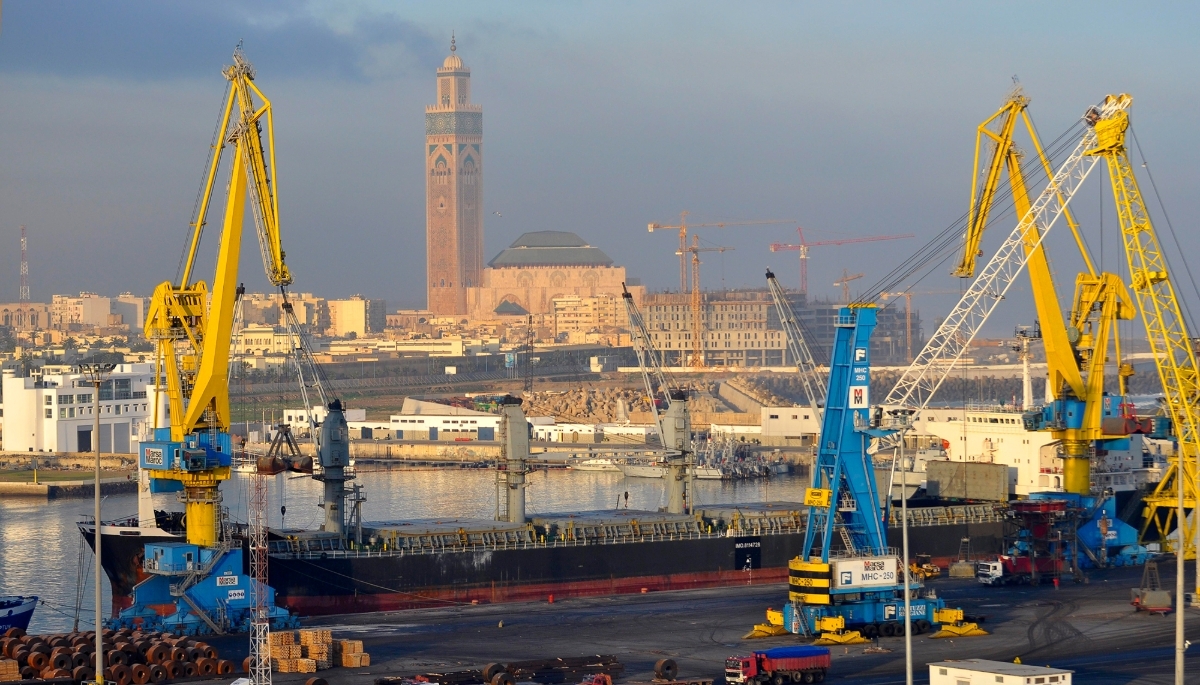 The port of Casablanca Morocco with Hassan II Mosque in the background, 23 March 2023.