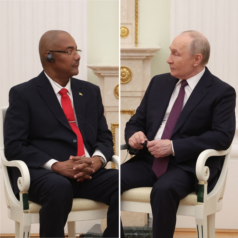 President of the Seychelles Patrick Herminie is received by Vladimir Putin at the Kremlin in Moscow on 22 April 2026.