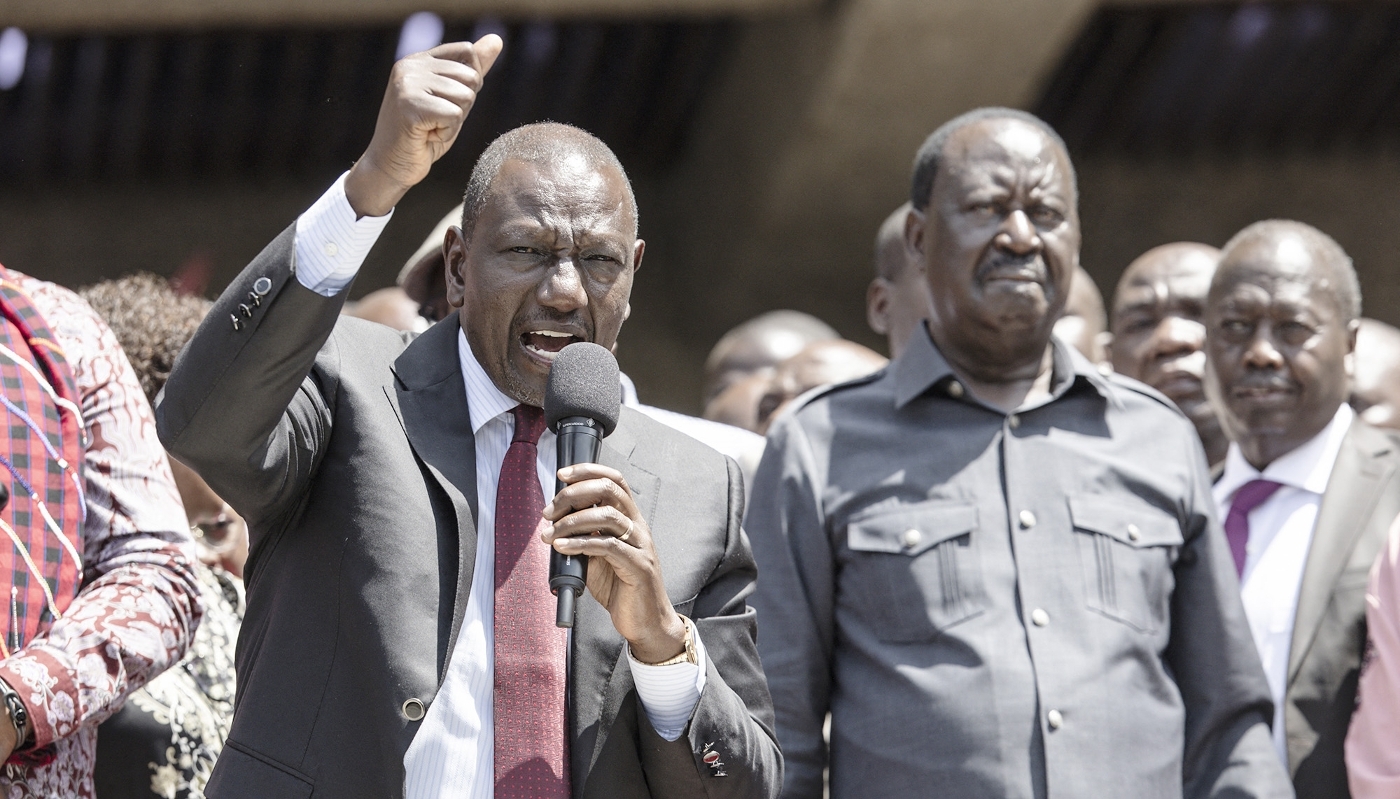 William Ruto (left) and Raila Odinga after they signed a political cooperation deal in Nairobi, 7 March 2025.