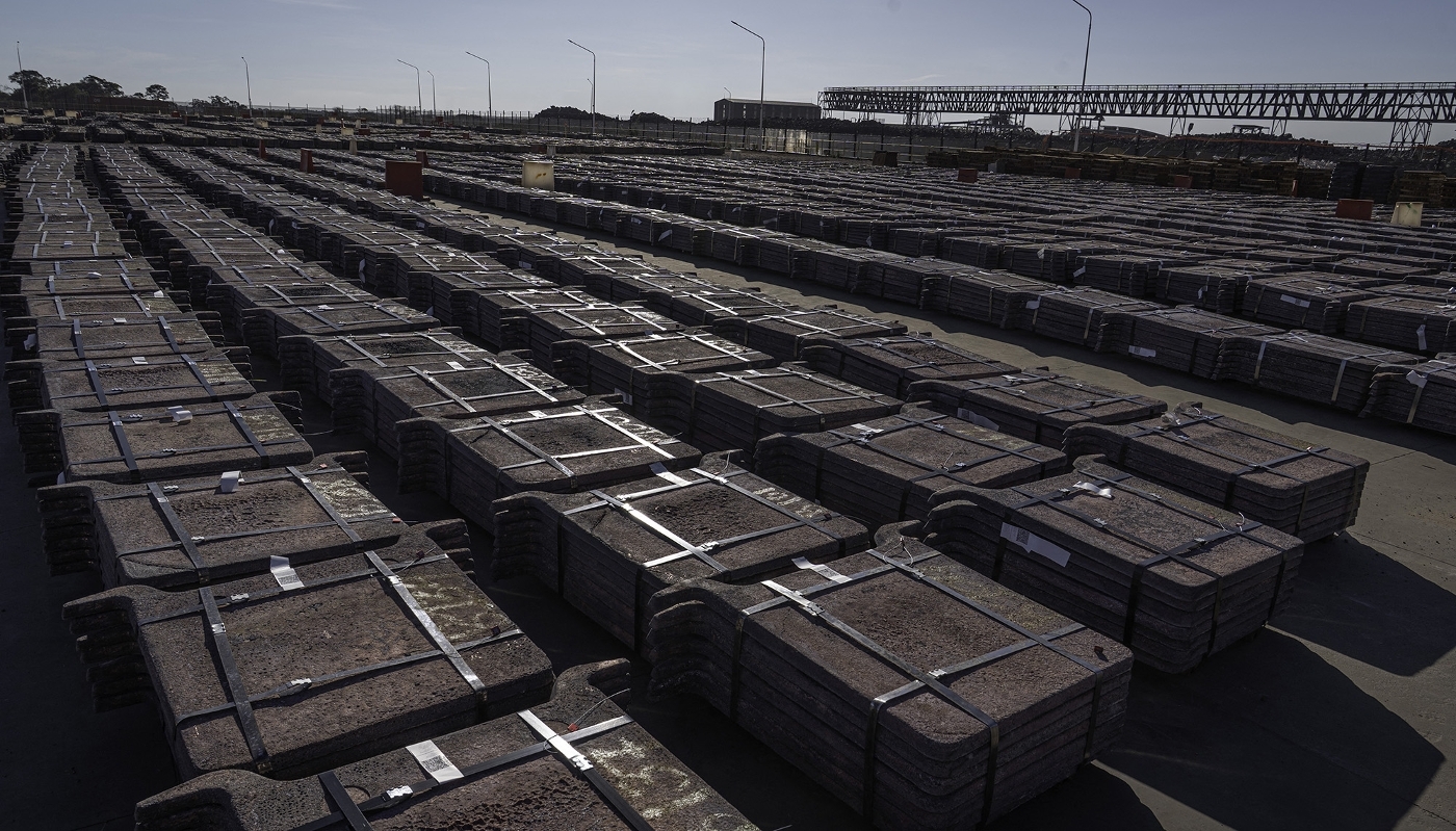 Copper plates earmarked for export at Kamoa site, close to Kolwezi, DRC, in May 2026