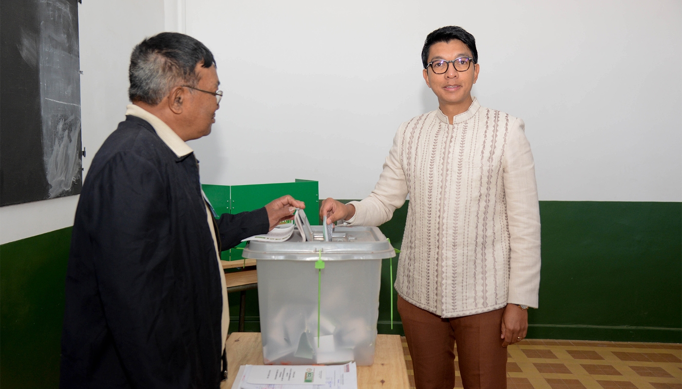 Malagasy president Andry Rajoelina casts his vote at a polling station in Antananarivo, Madagascar, on 29 May 2024.