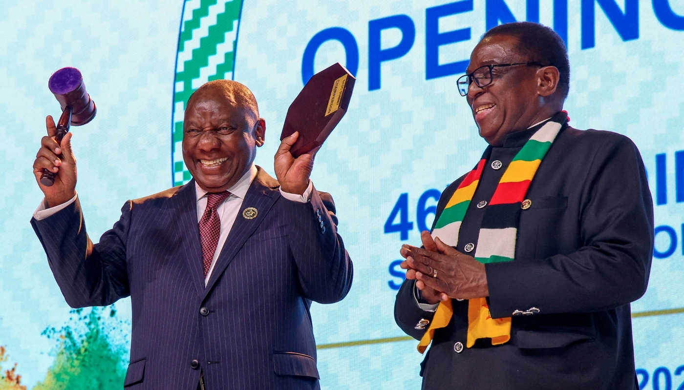 South African President Cyril Ramaphosa and his Zimbabwean counterpart Emmerson Mnangagwa at the 46th SADC summit in Durban, South Africa, on 17 August 2026.