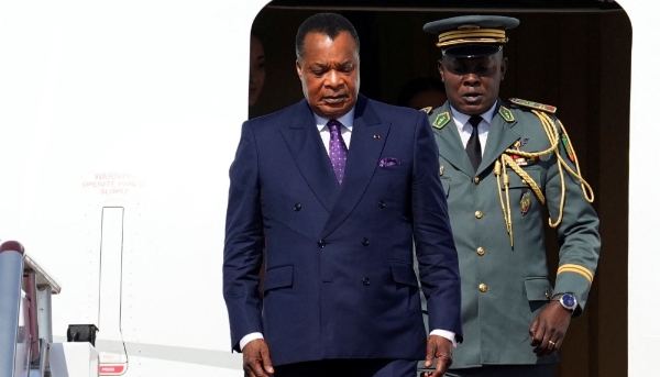 Congo’s president Denis Sassou Nguesso at Beijing Capital International Airport on 16 October 2023.