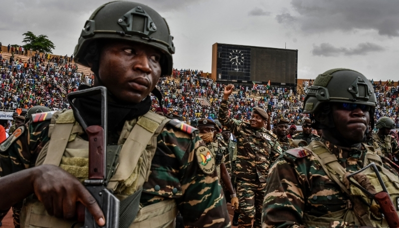 General Abdourahamane Tiani (C), head of the military regime in Niger, in Niamey on 26 July 2024.