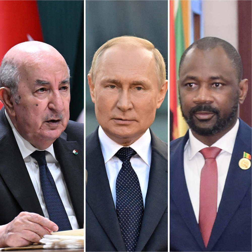 The Algerian President, Abdelmadjid Tebboune, and his counterparts Vladimir Putin (Russia) and Assimi Goïta (Mali).