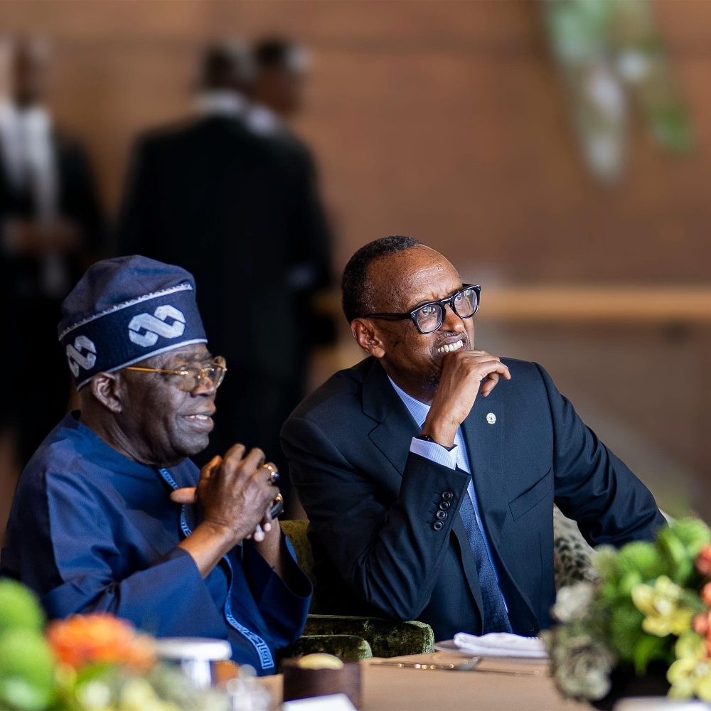 Nigerian President Bola Tinubu and his Rwandan counterpart, Paul Kagame, in Kigali on 13 May.