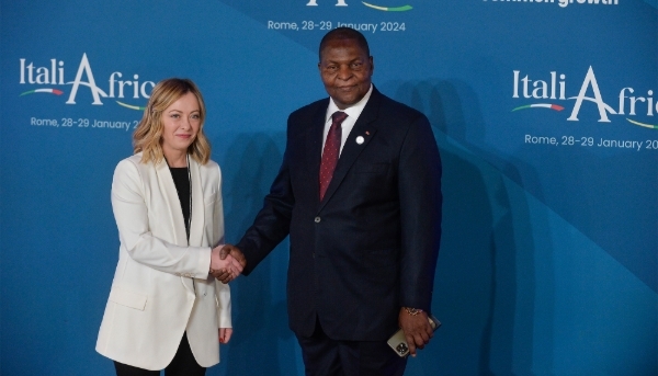 Italian Prime Minister Georgia Meloni with Central African President Faustin-Archange Touadéra in Rome, in January 2024.