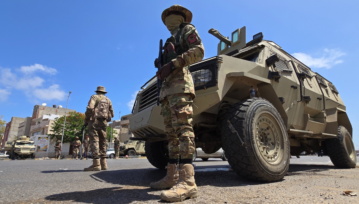 Libyan security forces at a checkpoint in Tripoli on 13 May 2025.