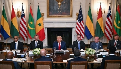 US President Donald Trump at a multilateral lunch with African heads of state visiting the White House in Washington, July 2025.