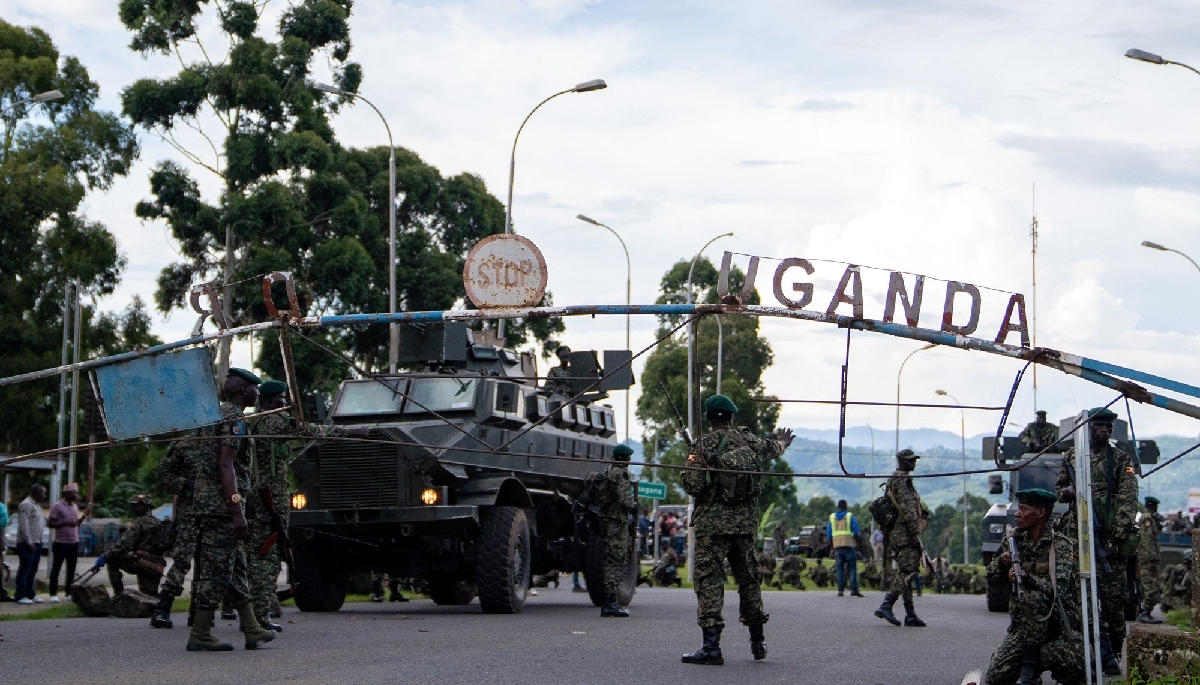 Members of the Uganda Peoples' Defence Forces (UPDF) in the border town of Bunagana, DRC on 30 March 2023. 