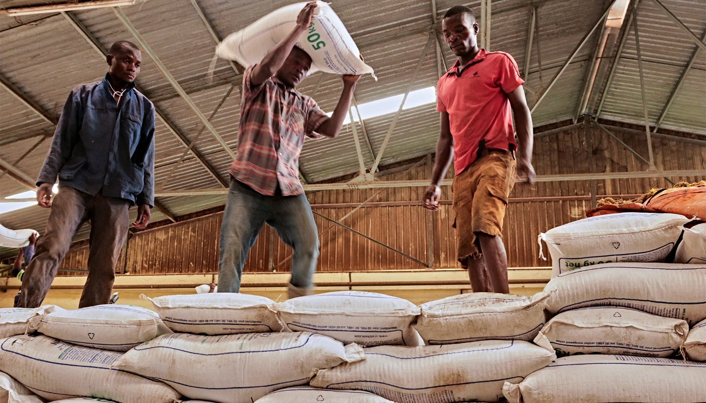 Bags of fertiliser donated to Malawi by the Russian company Uralchem, 6 March 2023.