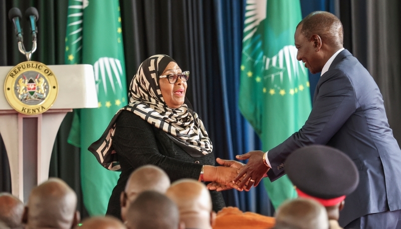 Tanzanian President Samia Suluhu Hassan (left) and Kenyan President William Ruto (right) in Nairobi, 27 August 2024.