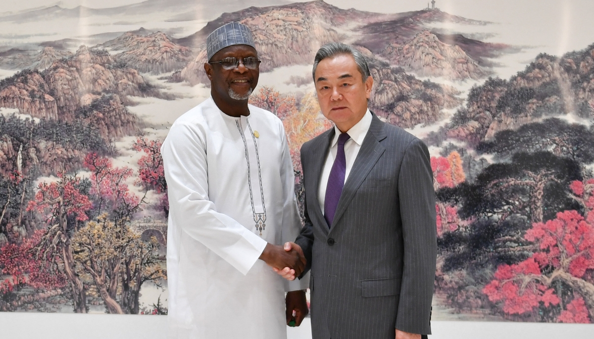 Niger's Foreign Minister Bakary Yaou Sangare with Chinese Foreign Minister Wang Yi in Changsha, central China on 11 June 2025.