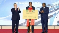 Tanzania-Zambia railway project launch with Chinese Premier Li Qiang, Zambian President Hichilema and Tanzanian Vice President Nchimbi in Lusaka, Zambia, on 20 November 2025.

