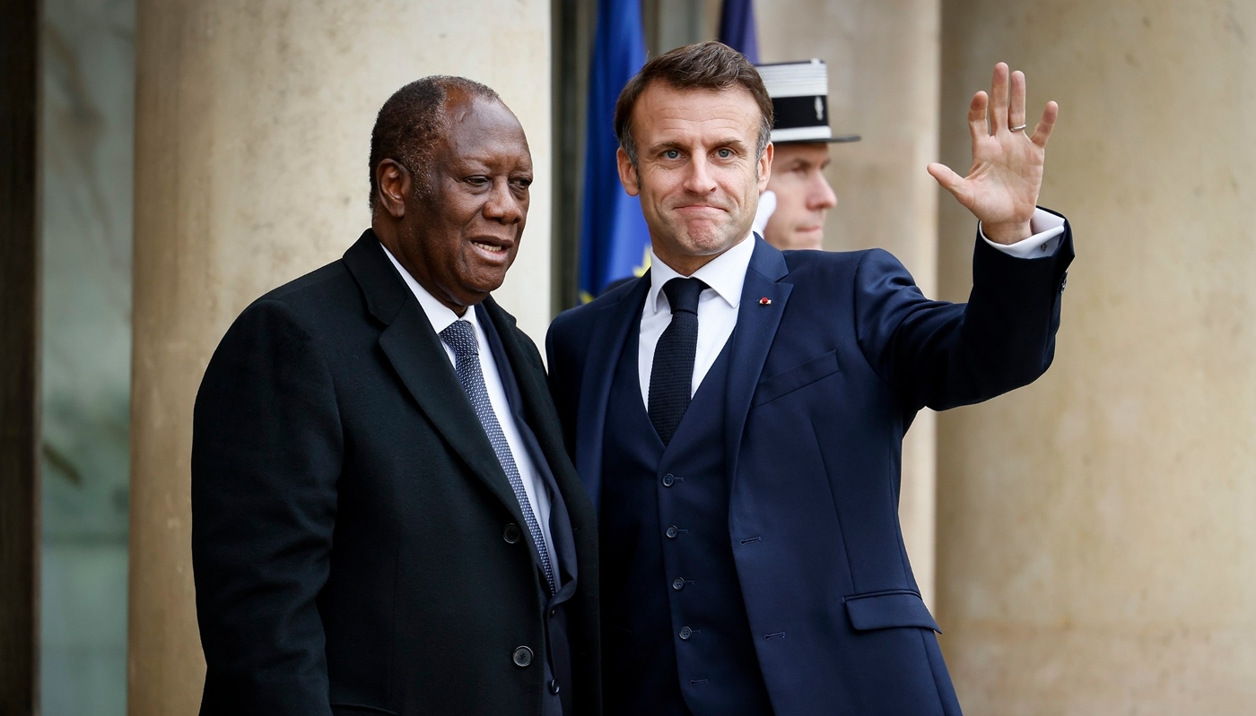 Presidents Alassane Ouattara and Emmanuel Macron at the Élysée Palace in Paris in November 2023.