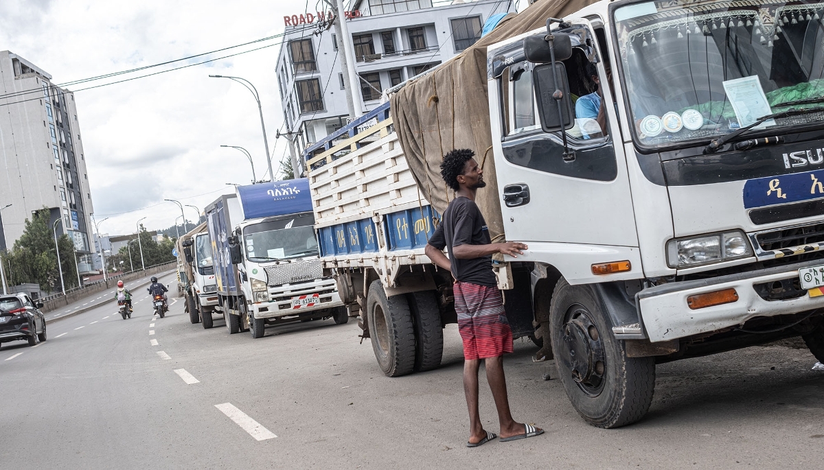Trucks queue for petrol in Addis Ababa on 27 March 2026.