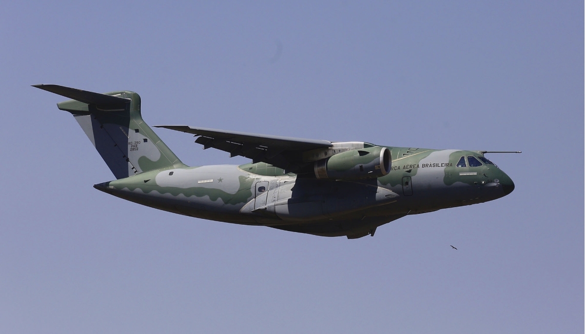 A C-390 Millennium aircraft from Brazilian aerospace manufacturer Embraer, in February 2023. 