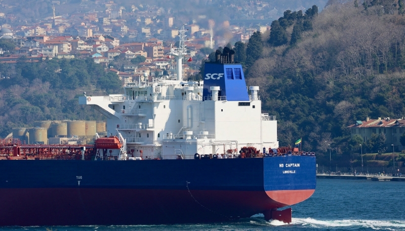 A Gabon-flagged crude oil tanker passes through the Bosphorus in February 2024.