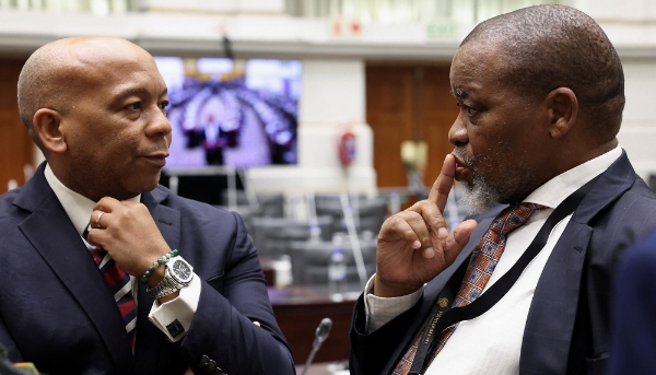 Minister of Electricity Kgosientsho Ramokgopa, and Minister of Energy Gwede Mantashe, at the South African Parliament in May 2023.