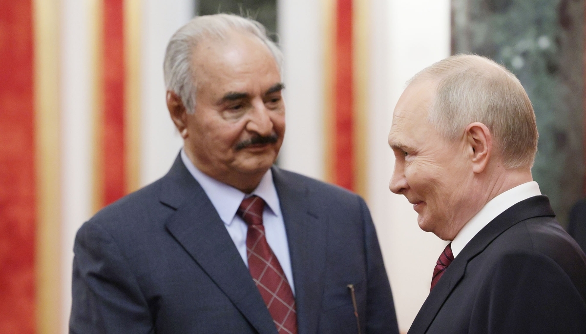 Khalifa Haftar and Vladimir Putin, in Moscow, Russia, 10 May 2025.