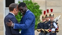 French President Emmanuel Macron welcomes Bassirou Diomaye Faye to the Élysée Palace in Paris on 27 August 2025.