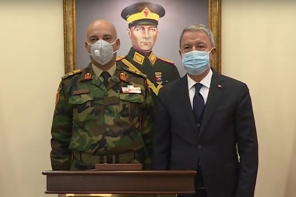 Mohamed Al Haddad (left), Libyan chief of staff, during a meeting with Turkish Defence Minister Hulusi Akar in October 2020.