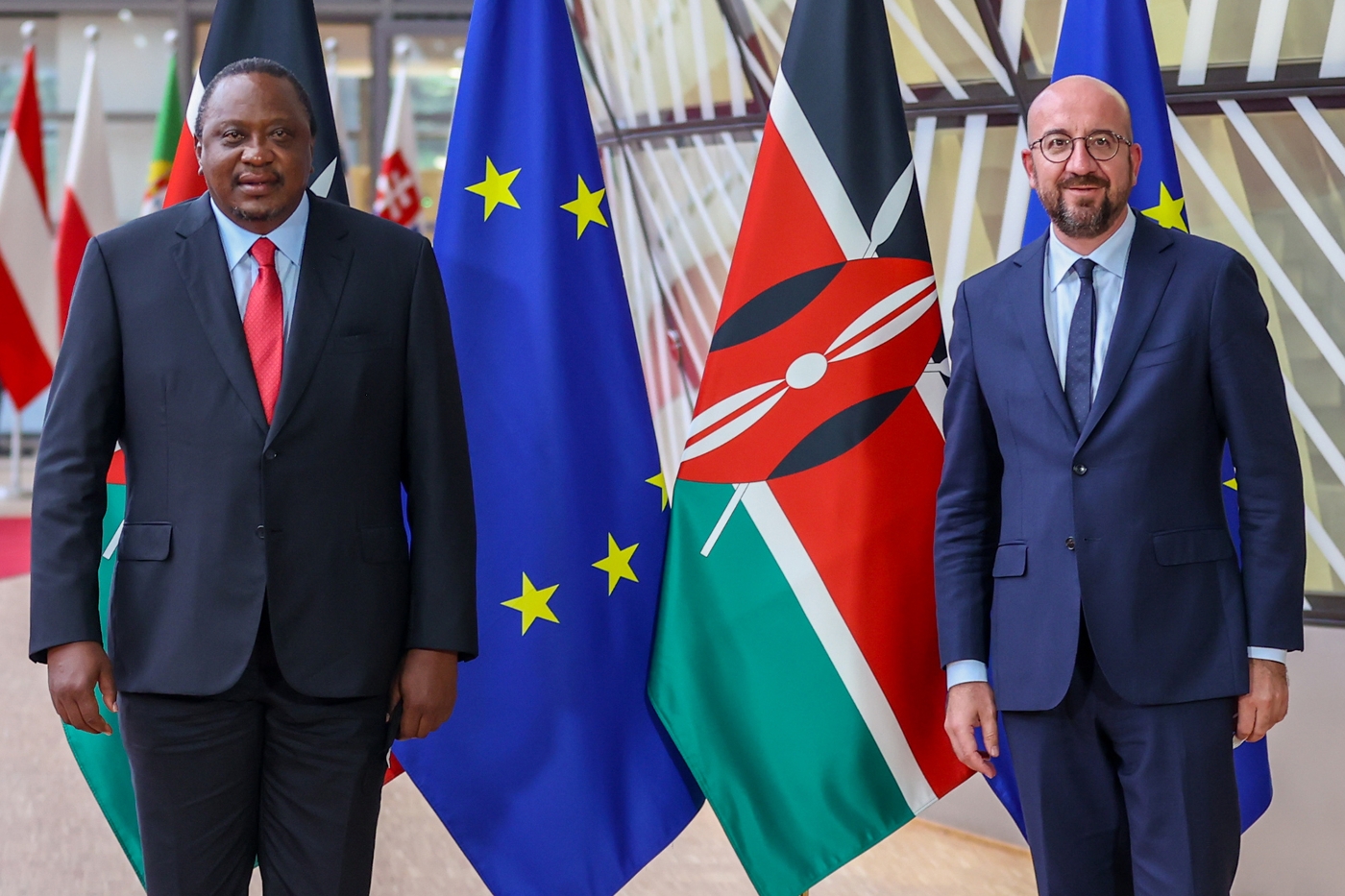 Kenyan President Uhuru Kenyatta (left) met European Council President Charles Michel in Brussels in June 2021.