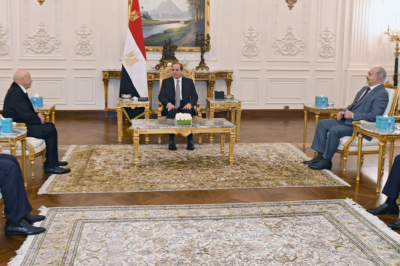 Aguila Salah Issa, Abdel Fattah Al Sisi and Khalifa Haftar (from left to right) met in Cairo, on 14 september.