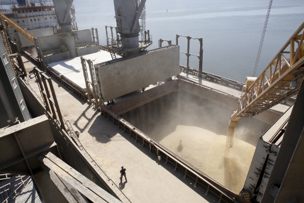 Barley grain is mechanically poured into a 40,000 ton ship at a Ukrainian agricultural exporter's shipment terminal in the Black Sea port of Mykolaïv, in Ukraine.