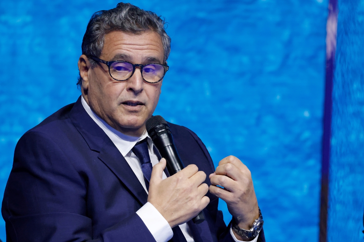 Morocco's Prime Minister Aziz Akhannouch speaks during the High Level Segment session of the One Ocean Summit in Brest, France, 11 February 2022.